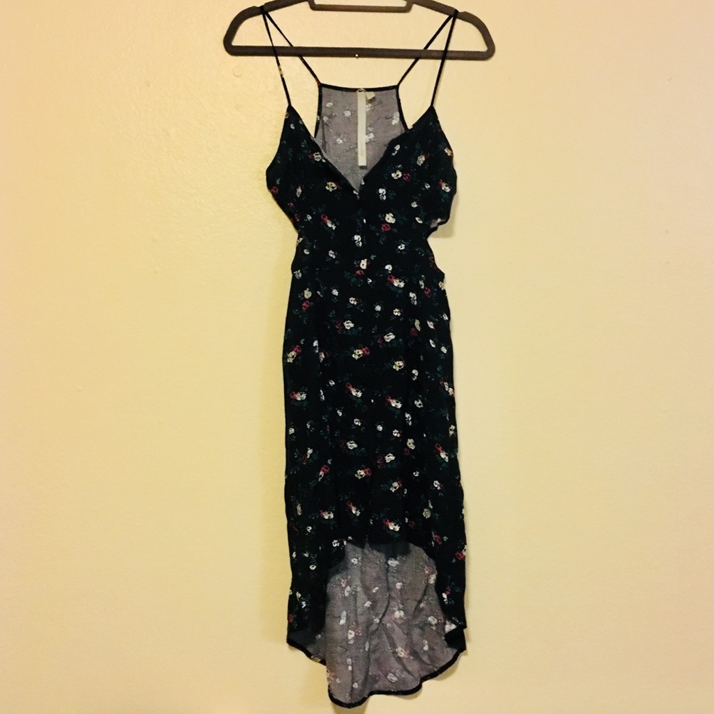 Black Side Cut-out Floral Asymmetrical Dress